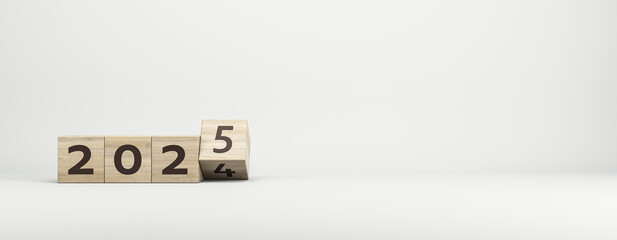 Poster - Concept of 2025 with wooden blocks on a plain background. 3D Rendering