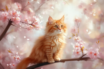 A brown and white cat on a floral background