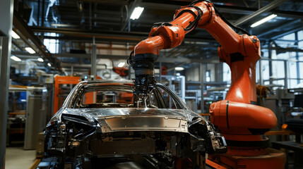Poster - A robotic arm in a car factory is used to build cars. It welds the car body, puts on wheels, and installs the windshield. This shows how robots are used in the car industry.