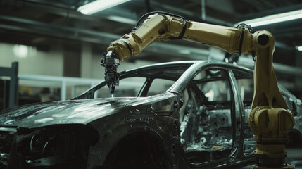 Poster - A robotic arm in a car factory is used to build cars. It welds the car body, puts on wheels, and installs the windshield. This shows how robots are used in the car industry.