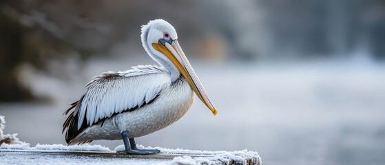  A white pelican atop a driftwood piece, long beak extended; snow-dusted ground before reflective water