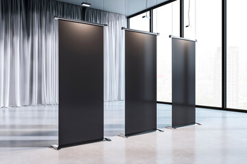 Canvas Print - Display of three blank roll-up banners in a modern interior room with large windows and curtains. 3D Rendering