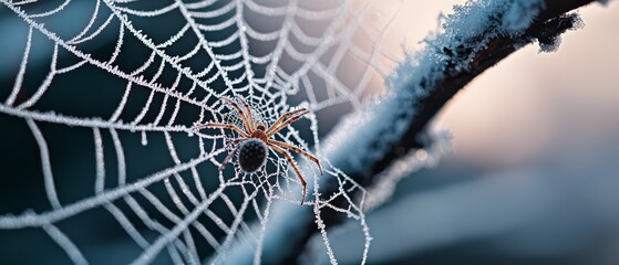  A spider rests atop its wintry web, covered in fresh snow