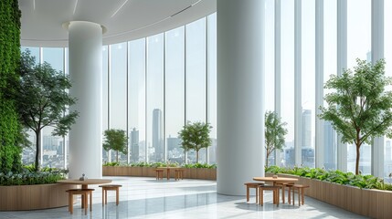 Poster - A office lobby lounge area. Tall white columns and large windows overlooking city view, tables surrounded by greenery, curved wooden seating area, grey marble floor, clean lines, minimalist.