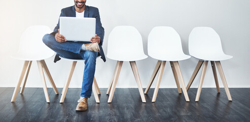 Poster - Row, job interview and person with laptop, waiting room and professional in business, recruitment and online. Appointment, applicant and typing of resume, chair and process of hiring and website