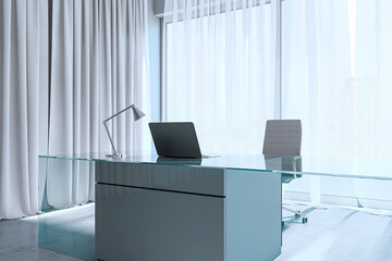Aufkleber - Modern office workspace with glass desk and laptop. 3D Rendering