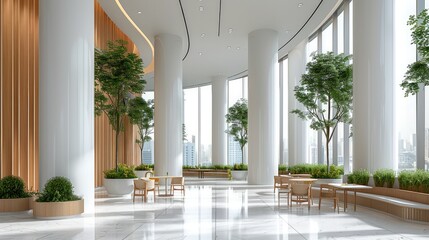 Poster - A office lobby lounge area. Tall white columns and large windows overlooking city view, tables surrounded by greenery, curved wooden seating area, grey marble floor, clean lines, minimalist.