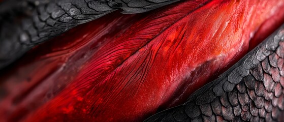 Wall Mural -  A tight shot of a red-and-black bird's wing displaying a contrasting black-and-white pattern