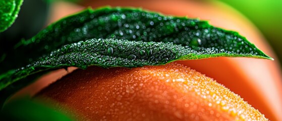 Wall Mural -  A tight shot of a green leaf perched atop an orange, adorned with droplets of water