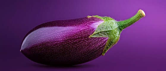 Wall Mural -  Close-up of an eggplant against a purple backdrop, adorned with water droplets