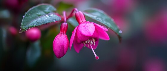 Wall Mural -  A tight shot of a pink bloom dotted with water beads on its petals against a verdant backdrop of green leaves