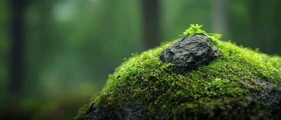 Canvas Print -  A moss-covered rock, centrally situated in a forest, hosts a small green plant atop