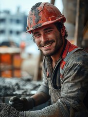 Aufkleber - A male construction worker, smiling to the camera, with a red helmet, pouring cement.