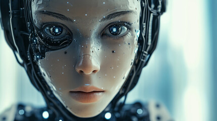 Poster - A robot woman stares directly at the camera. Her plastic face is a mask, hiding the advanced technology inside. This image represents the future of artificial intelligence.