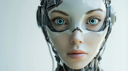 Poster - A robot woman stares directly at the camera. Her plastic face is a mask, hiding the advanced technology inside. This image represents the future of artificial intelligence.