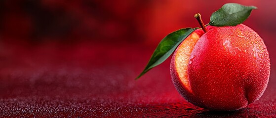 Poster -  A red apple with a protruding green leaf in its core against a red background