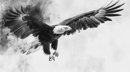 Sticker - Detailed black and white illustration of eagle in flight with outstretched wings