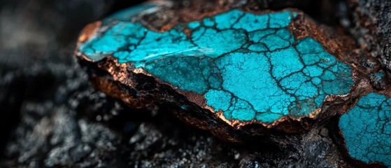 Poster -  A turquoise rock perches atop blackrock, near a wooden piece