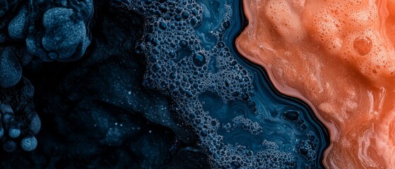 Canvas Print -  A tight shot of water and rocks with contrasting orange and blue tones at their tops and bottoms