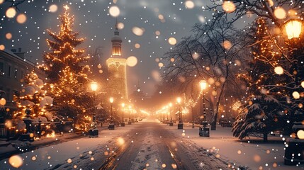 A beautiful Christmas night with snow falling, decorated trees, and street lights in the background.