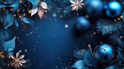 Poster - Elegant Christmas and New Year design with blue ornaments and leaves