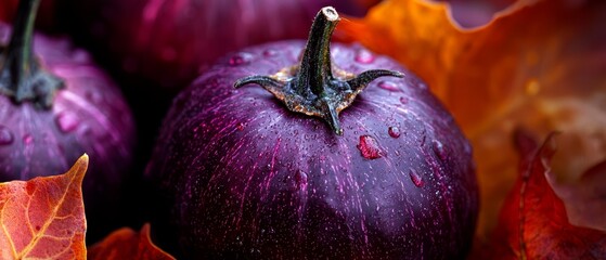 Wall Mural -  A tight shot of a purplish fruit dotted with water droplets, encircled by autumn leaves - some yellow and others red