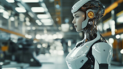Poster - A robot woman, powered by AI, controls a production line in a modern factory, using robotic arms. This shows the concept of Industry 4.0, where artificial intelligence is used in factories.