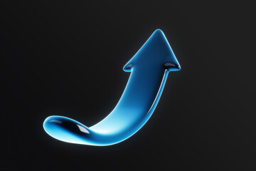 Poster - Upward arrow symbolizing growth and finance concept in blue on a black background. 3D Rendering