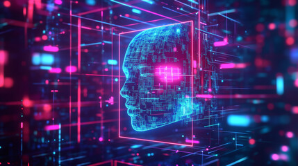 Poster - A futuristic, neon-lit background with a square frame showcasing an AI face and 3D shapes. This abstract design represents the world of artificial intelligence and digital technology.