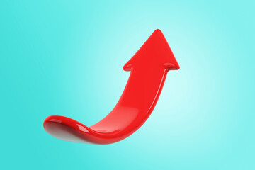 Poster - Red upward arrow on a teal background, symbolizing growth and progress. 3D Rendering