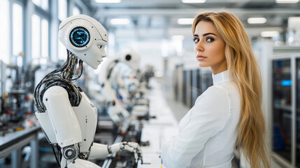 Poster - A robot woman, powered by AI, controls a production line in a modern factory, using robotic arms. This shows the concept of Industry 4.0, where artificial intelligence is used in factories.