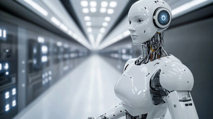 Poster - A robot woman, powered by AI, controls a production line in a modern factory, using robotic arms. This shows the concept of Industry 4.0, where artificial intelligence is used in factories.