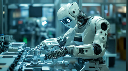 A robot is being built in a factory, showing how machines are taking over tasks in modern manufacturing.  This is an example of Industry 4.0, where artificial intelligence controls robots.