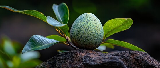 Wall Mural -  A tight shot of fruit on a tree branch, foliage above, atop a rock - background softly blurred