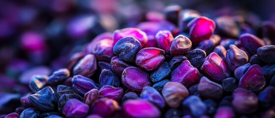 Wall Mural -  A tight shot of purple and blue corn kernels, surrounded by a hazy backdrop of similar shades