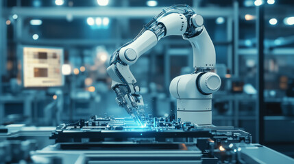 Poster - A robot is being built in a factory, showing how machines are taking over tasks in modern manufacturing.  This is an example of Industry 4.0, where artificial intelligence controls robots.