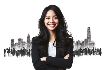 Canvas Print - Happy smiling young asian woman in front of a group of people