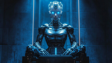 Poster - Artificial intelligence has taken control. A female robot queen rules from her throne. A stunning cyborg woman, powered by AI, sits on a podium in the digital world.  A girl-like cyborg.