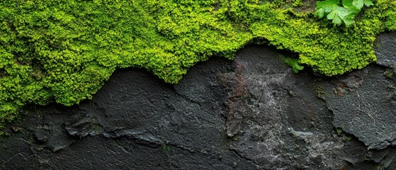 Wall Mural -  Green moss adheres to black rock; above, a green-leafed plant grows