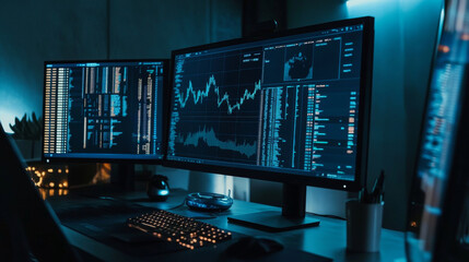 Poster - Using computers to analyze data.  The screen shows charts and graphs about money and business.  This technology helps manage large amounts of digital data.