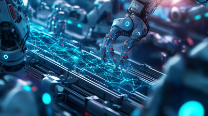 Poster - AI and robots are changing how factories work.  Imagine a robot arm building a complex network in a virtual world. This shows how technology is shaping the future of industry.