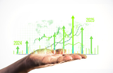 Poster - Hand holding rising financial chart with numbers.