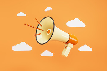 Poster - Megaphone with clouds on an orange background. 3D Rendering