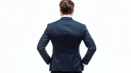 Wall Mural - Full-body back view of man in business suit standing confidently on white background. Hands in pockets, professional pose