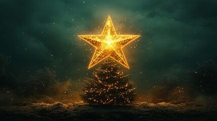 Digital illustration, glowing christmas star on top of a tree, large and bright, simple golden color with soft gradients, no background, minimal and elegant holiday mood