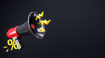 Poster - Megaphone with Sound Waves and Discount Symbol on Dark Background. 3D Rendering