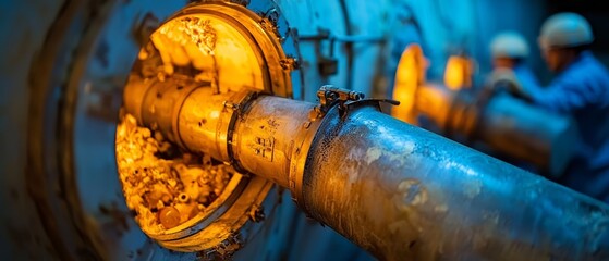  A close-up of two men in hard hats, one each side of a pipe