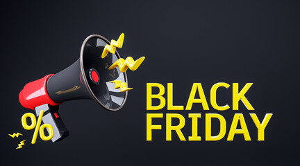 Poster - Megaphone with Black Friday Promotion Elements. 3D Rendering