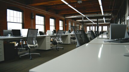 Poster - empty modern office workspace with brick wall and windows