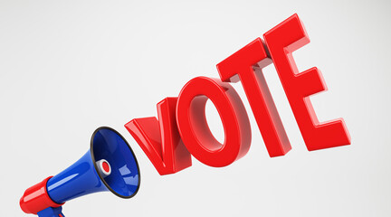 Aufkleber - 3D rendering of a megaphone and the word VOTE in bold letters for election promotion. 3D Rendering